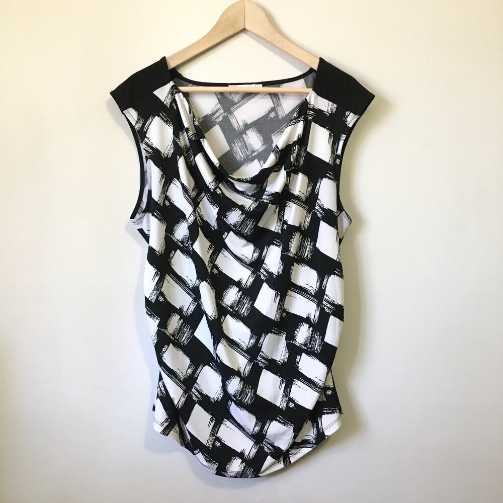VTG Ricki's B&W Paint Crosshatch Print Cowl Neck Top XL Office Siren